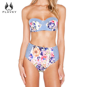 Sexy Female Floral Bandeau High Waist Bikini Set