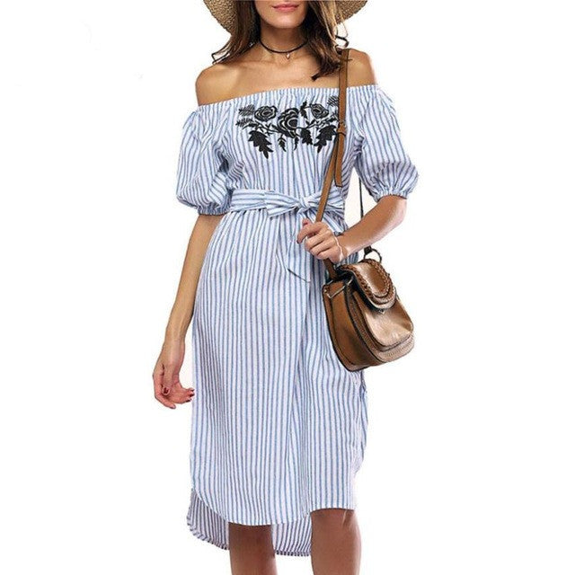 Janelle Stripped Off Shoulder Summer Dress with Embroidery Print