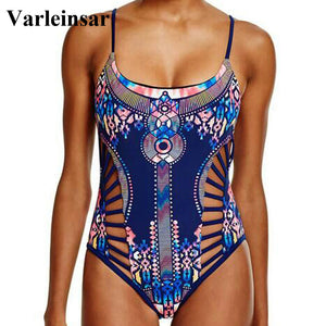 New Sexy Blue Printed Strap Lace up back one piece swimsuit