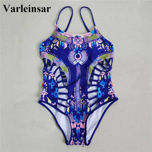 New Sexy Blue Printed Strap Lace up back one piece swimsuit