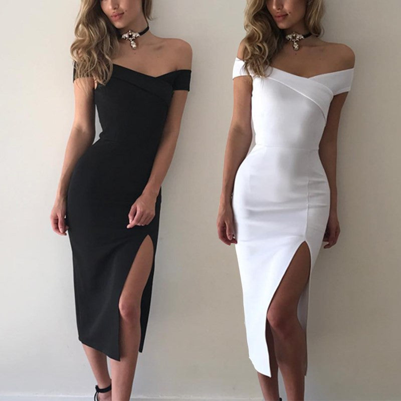 Sexy Bodycon Slash Neck with Front Slit Midi Pencil Dress for Party and Wedding