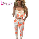 Spaghetti Strap Print Frill Crop Top 2 Piece Set Jumpsuit