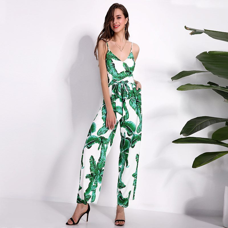 VONDA Leaf Print Spaghetti Strap, Belted Jumpsuit