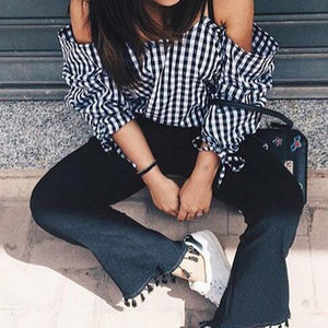 New Fashion Off Shoulder Spring Puff Blouse with Striped Plaid Print