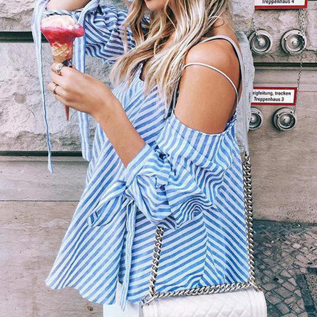 New Fashion Off Shoulder Spring Puff Blouse with Striped Plaid Print