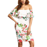 Pamela - Multicolor Floral Print  Off The Shoulder with Ruffle Short Sleeve Pencil Dress