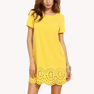 Susie - Elegant Short Sleeve Shift Dress with Sexy Hollow Wavy Hem