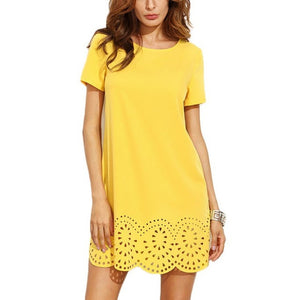 Susie - Elegant Short Sleeve Shift Dress with Sexy Hollow Wavy Hem