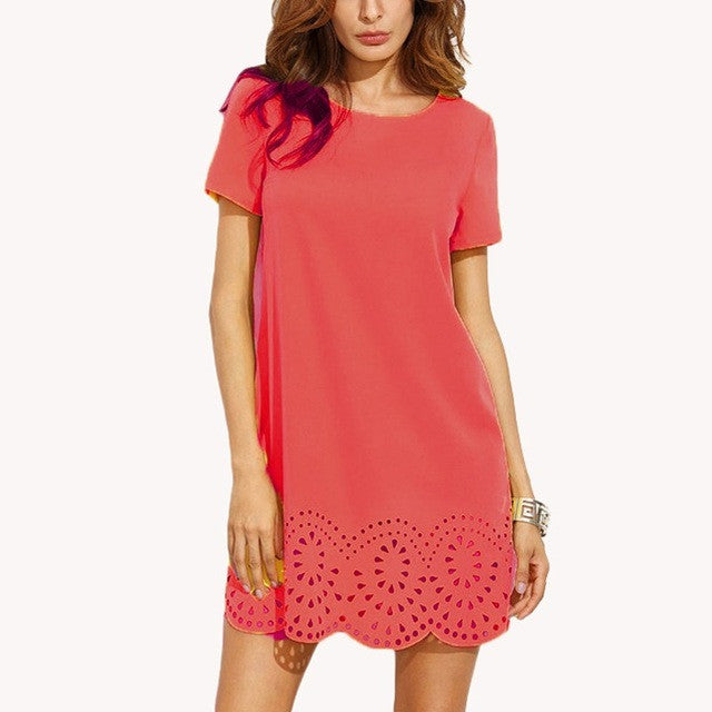 Susie - Elegant Short Sleeve Shift Dress with Sexy Hollow Wavy Hem