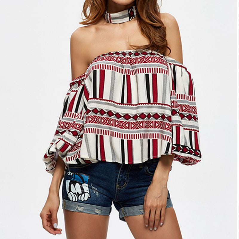 Jennie Summer Print Striped Off Shoulder Top with Three Quarter Sleeve