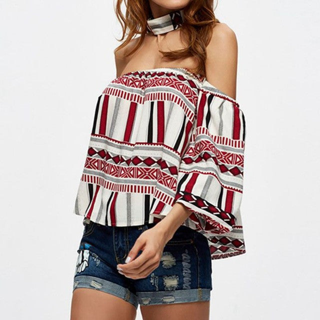 Jennie Summer Print Striped Off Shoulder Top with Three Quarter Sleeve