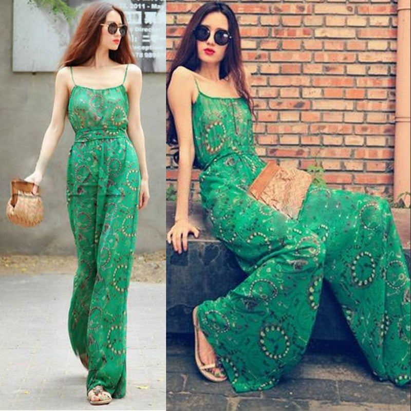 Bohemian Green Wide Leg Floral Print Jumpsuit