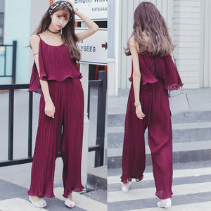 Wide Leg Pleated Spaghetti Ruffle Jumpsuit