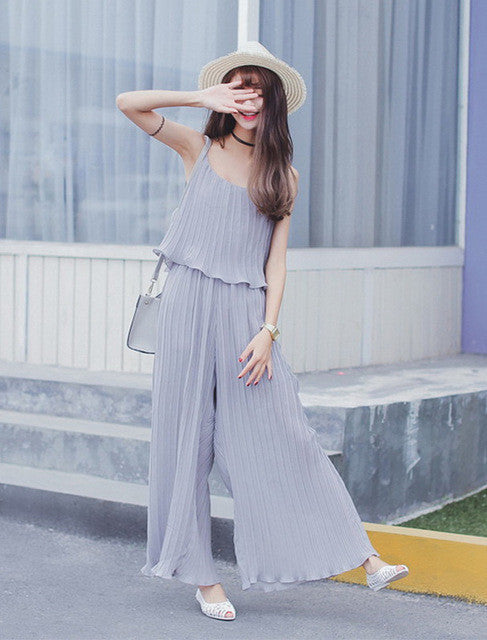 Wide Leg Pleated Spaghetti Ruffle Jumpsuit