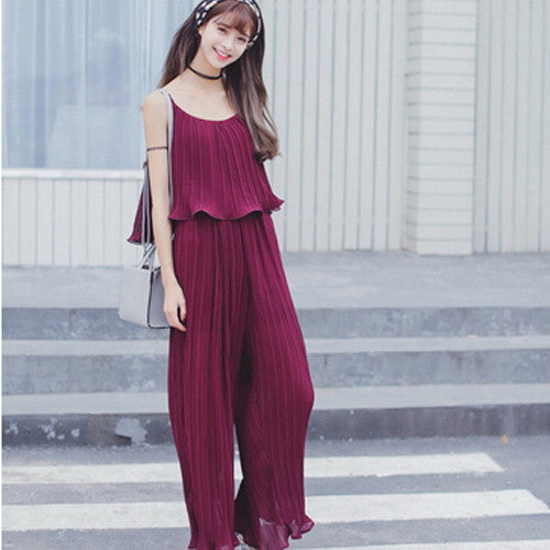 Wide Leg Pleated Spaghetti Ruffle Jumpsuit