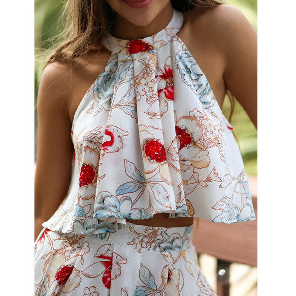 Benita - Two Piece Floral Printed High Neck Crop Tops+ Pleated Shorts