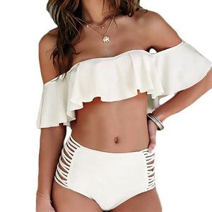 High Waist Off Shoulder Ruffle Top Bikini Set