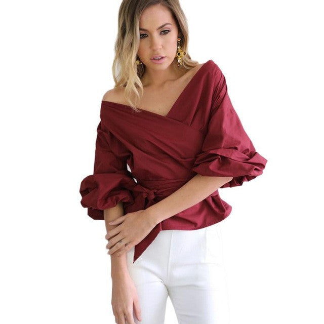 Pamie Off Shoulder Casual V-neck Puff Long Sleeve Top