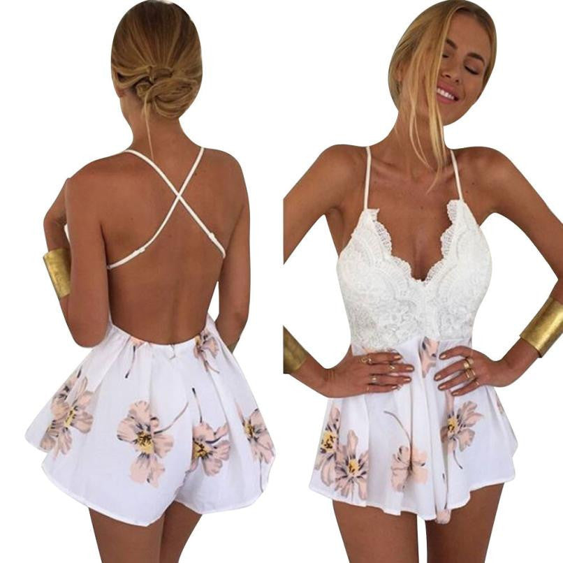 Summer Splice V-Neck Backless Print Play suit