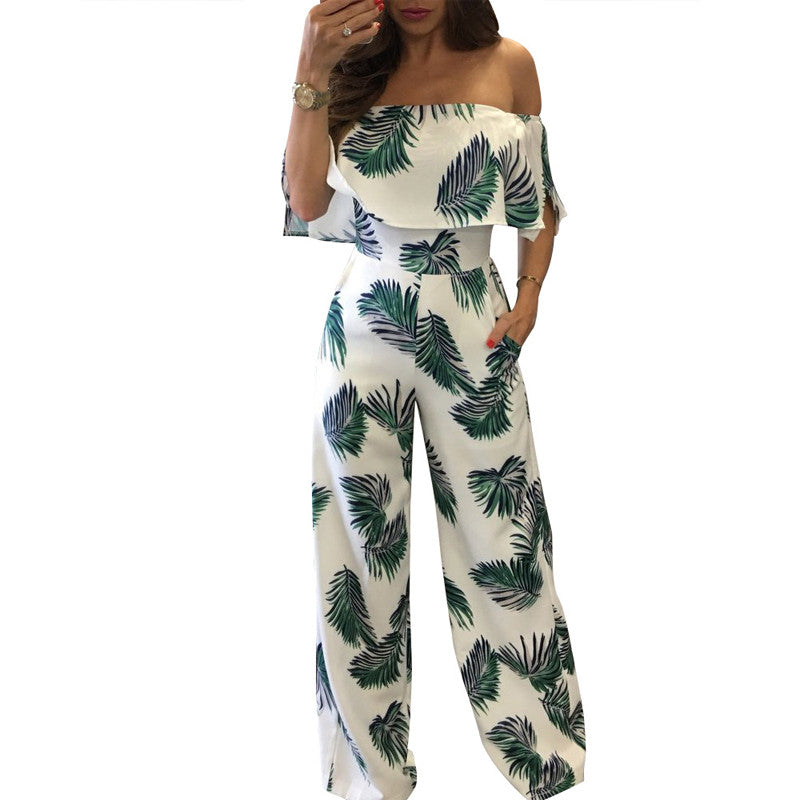 Rachela Elegant Off-Shoulder Loose Casual  with Print Wide Leg Jumpsuit