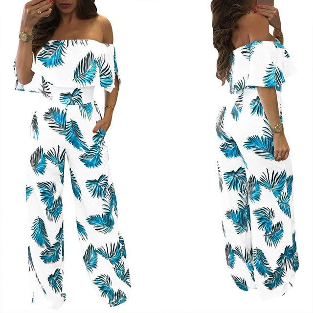 Rachela Elegant Off-Shoulder Loose Casual  with Print Wide Leg Jumpsuit