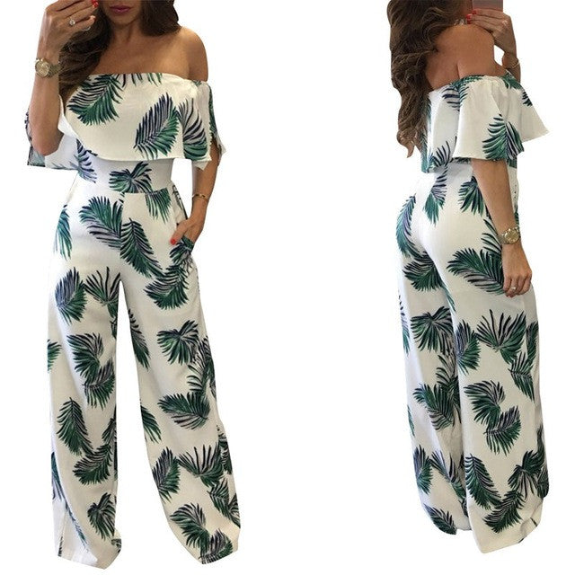 Rachela Elegant Off-Shoulder Loose Casual  with Print Wide Leg Jumpsuit