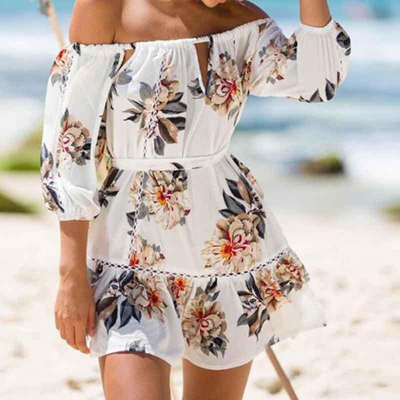 Bohemian Slash Neck Vintage Floral Print Beach Dress