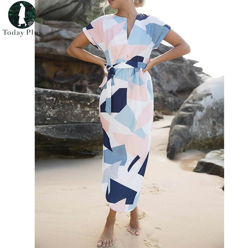 Color Blocked Diamond Print Casual Dress with V-Neck