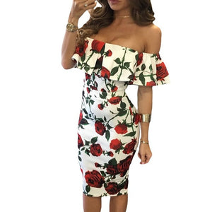 Vestidos Sexy High Waist Elastic Floral Dress with Off Shoulder Ruffle