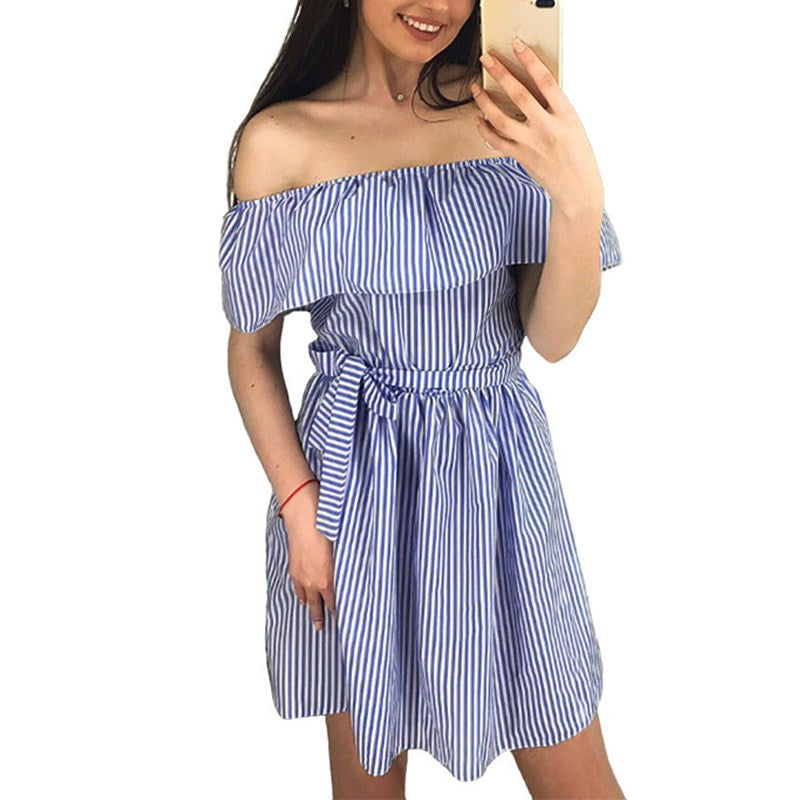 Seleana - Striped Off Shoulder Ruffle Dress with Elastic Waist
