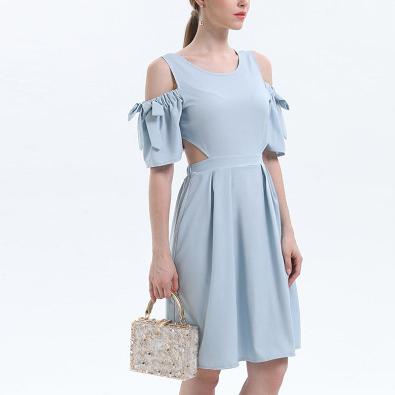 Cold Shoulder Cut Out Summer Dress with Solid Bowknot Back