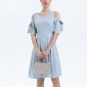 Cold Shoulder Cut Out Summer Dress with Solid Bowknot Back