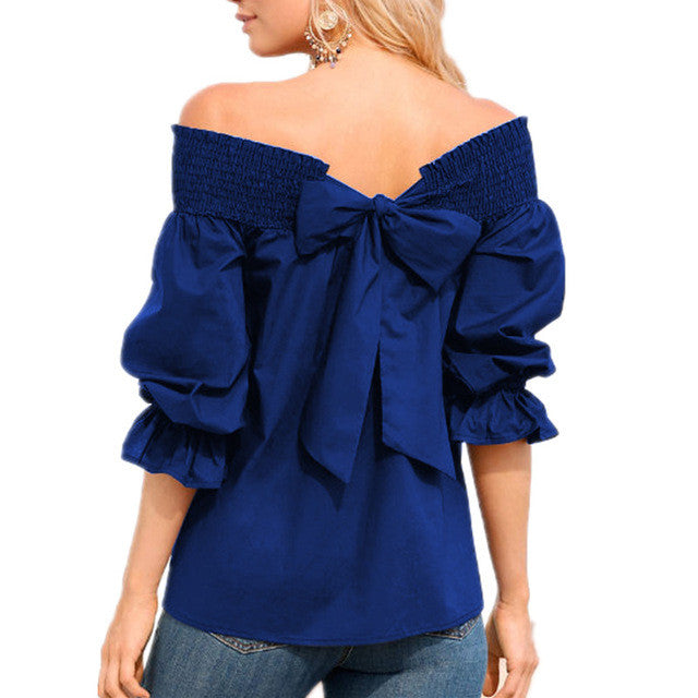 Celmia Off- Shoulder Slack Neck with Bow-knot Back Top