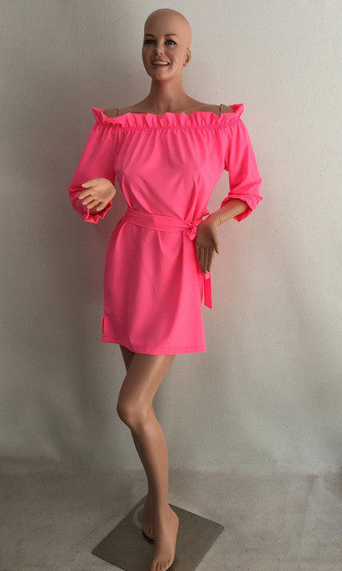 Kawaii Neon Off Shoulder Summer Dress with Bow Belt