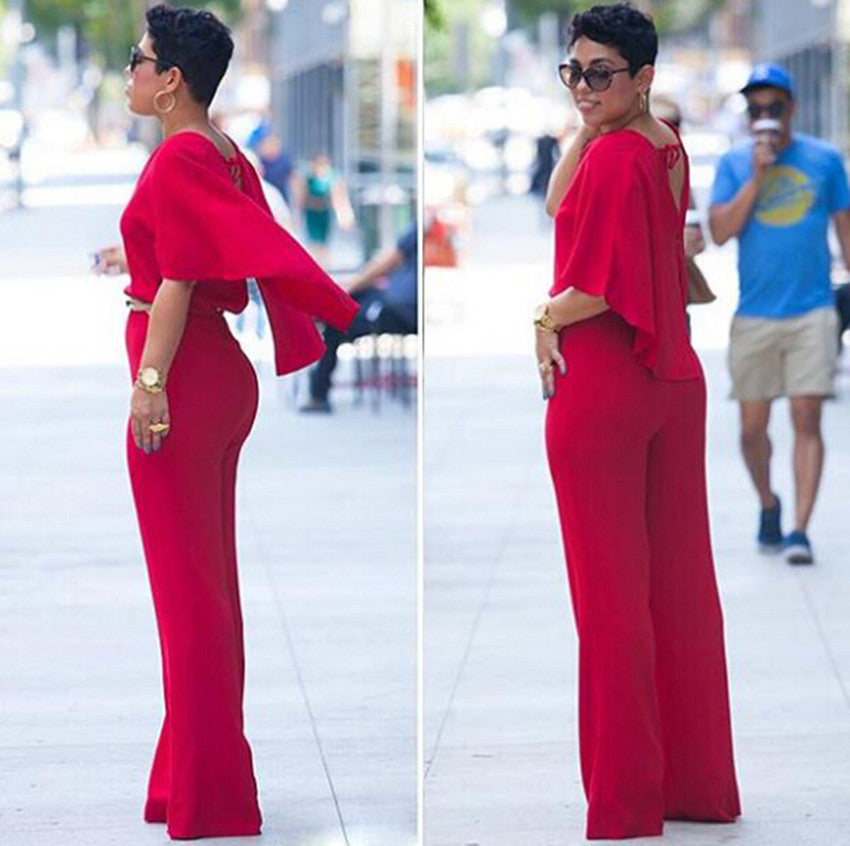 Dangling Wings Deep V-Neck Backless Red Jumpsuit